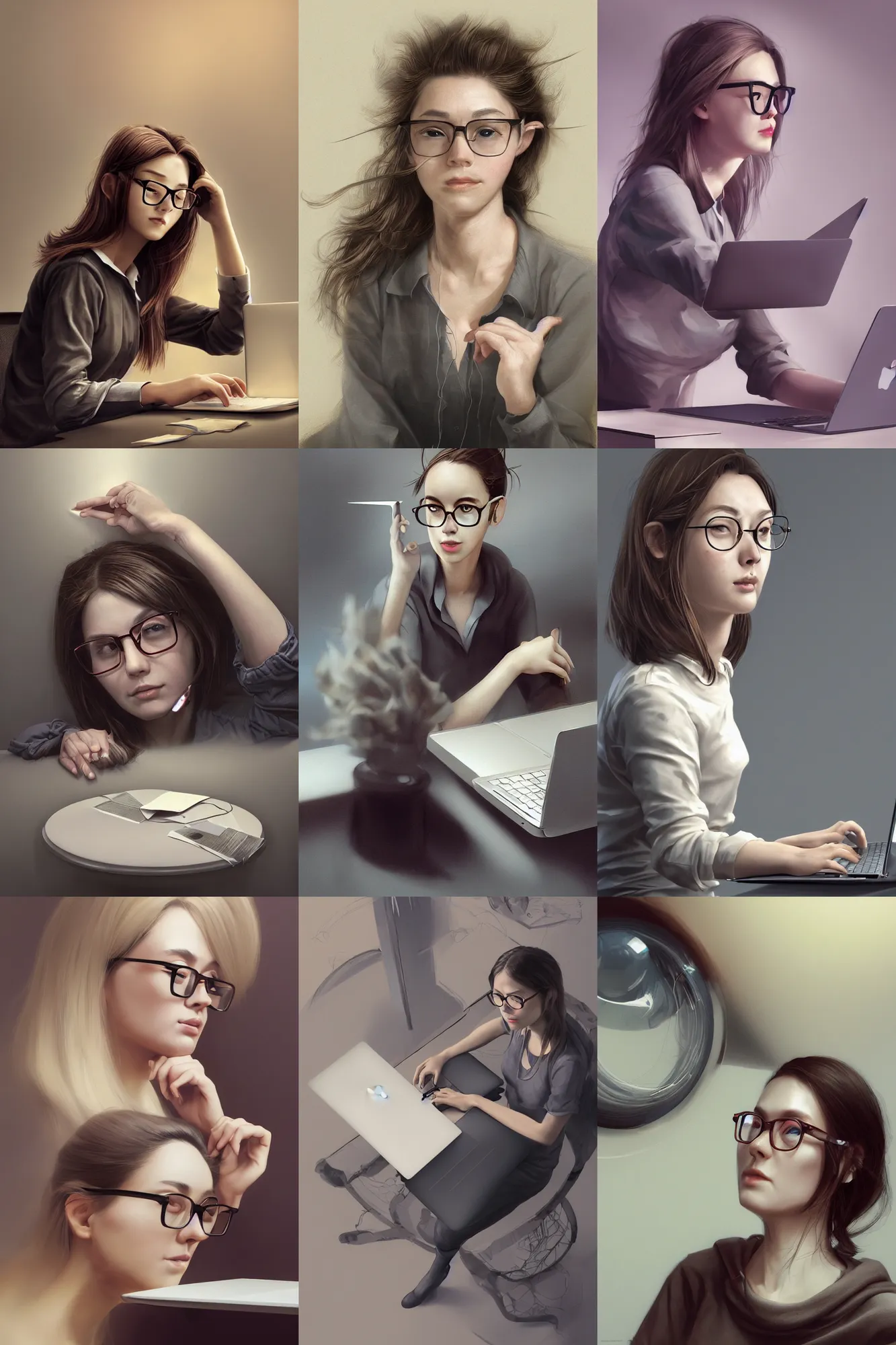 Prompt: woman working on a macbook, sitting in an office, 2 5 yo, center parted dark blonde hair, sleepy eyes, snub nose, thin lips, oversized round circular glasses, 3 d render, hyper - realistic detailed portrait, ruan jia, wlop. scifi, fantasy, magic the gathering, hyper detailed, octane render, concept art, peter mohrbacher