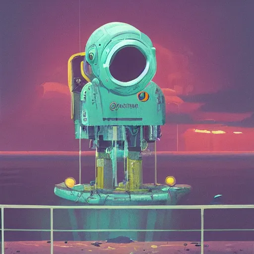 Image similar to Armored diving suit in the deep sea, by Simon Stalenhag