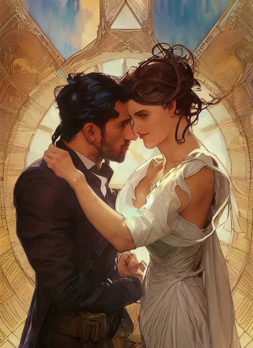 Image similar to a couple, a handsome man and a beautiful woman. they are dressed as superheroes. clean elegant painting, beautiful detailed face. by artgerm and greg rutkowski and alphonse mucha