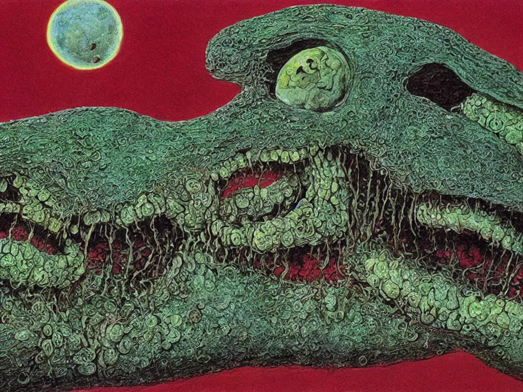 Image similar to close up view of a creature from codex seraphinianus. painting by roger dean