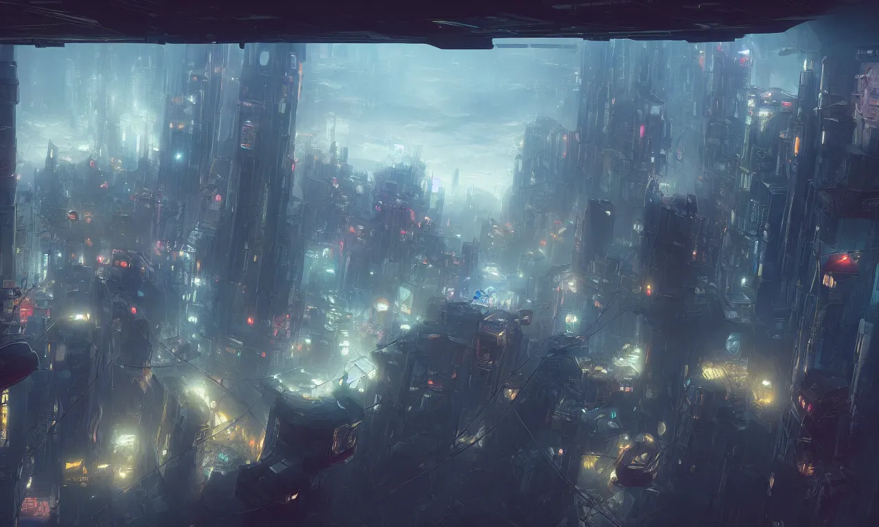 Prompt: looking down at the cyberpunk city, airships shuttle in the air, cold and dark color scheme, fog, rainy days, future architectures, marc simonetti on artstation.