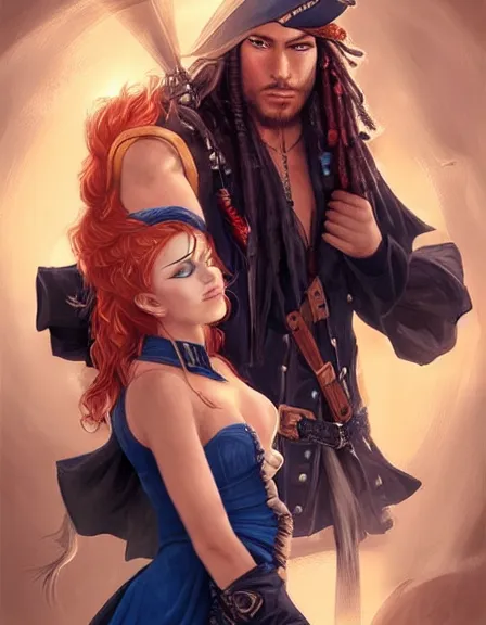 Image similar to couple. fully clothed armed female pirate captain with a male pirate partner, sun, summer, blue eyes, beauty, wisdom, love, strength, knowledge, smart, portrait, symmetrical, highly detailed, digital painting, artstation, smooth, sharp focus, illustration, strength, art by artgerm and louis theophile hingre. 8 k