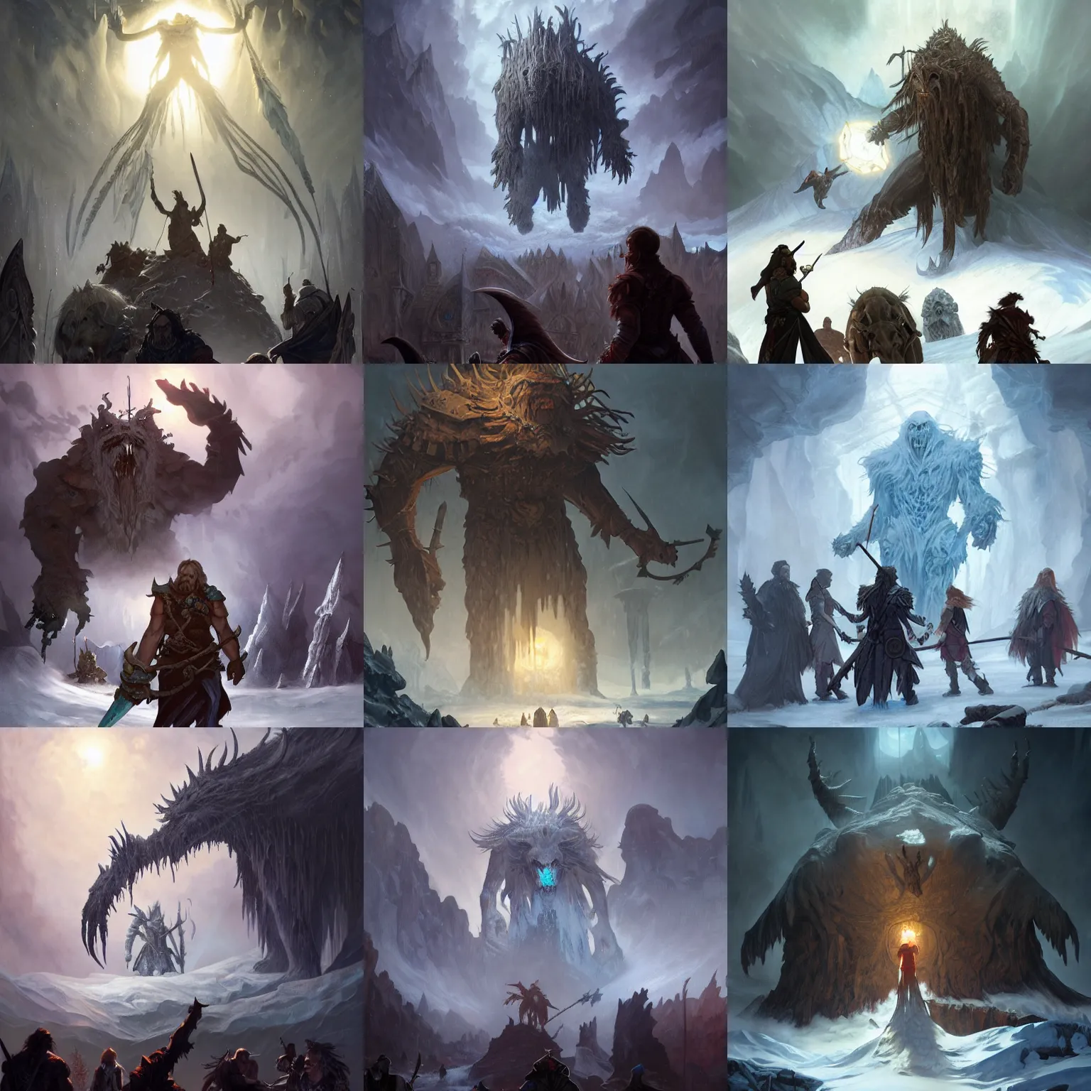 Prompt: giant ice revenant looms over a tiny party of 5 adventurers, high fantasy, horror, dnd, highly detailed, smooth, sharp focus, chiaroscuro, digital painting, artgerm and greg rutkowski and alphonse mucha