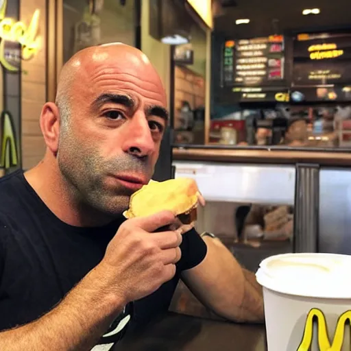 Image similar to joe rogan eating at a macdonalds restaurant