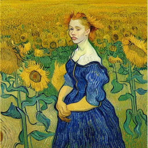 Image similar to a girl in amazing tall sunflower field, her hair flowing down, subtle, intricate details, real masterpiece, oil on canvas, by vincent van gogh