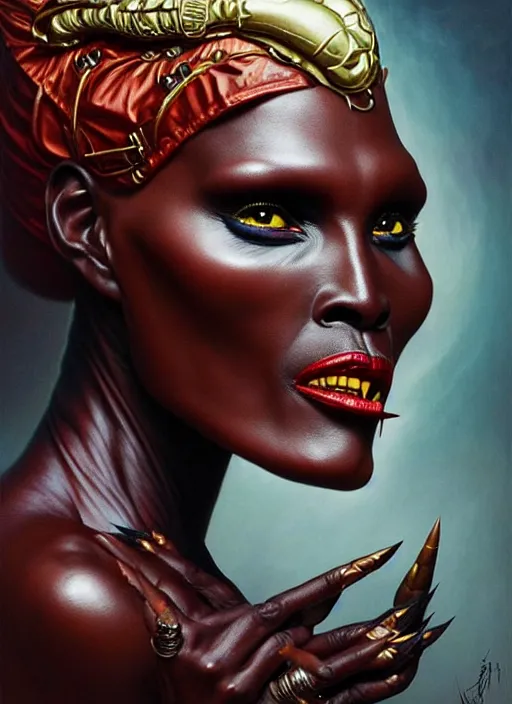 Image similar to grace jones as an devil, aesthetic, fine art, intricate, elegant, highly detailed, realistic hair, centered, digital painting, art station, conceptual art, soft, sharp focus, illustration, artwork, artgerm, tomasz alen kopera, peter mohrbacher, donato giancola, wlop, boris vallejo