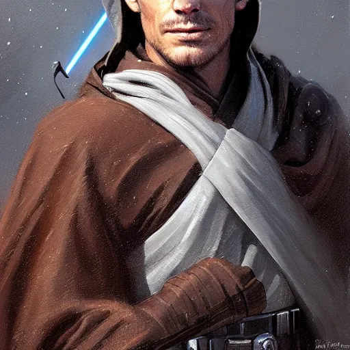 Prompt: portrait of a man by greg rutkowski, a jedi knight that looks like matt bomer, wearing brown robes, star wars expanded universe, he is about 3 0 years old, highly detailed portrait, digital painting, artstation, concept art, smooth, sharp foccus ilustration, artstation hq