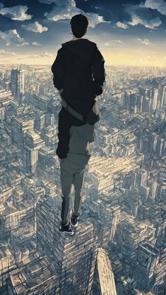 Image similar to Sad gopnik boy in black adidas looking atop of a urban plateau filled with soviet apartment buildings, golden hour, dreamy, beautiful clouds, beautiful lighting, wallpaper, cityscape, beautiful artwork by Makoto Shinkai