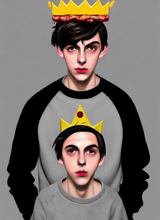 Prompt: portrait of teenage jughead jones wearing a light grey crown, photorealistic, crown, sweater with letter s on it, hamburger, eyes closed, crown, black hair, intricate, elegant, glowing lights, highly detailed, digital painting, artstation, concept art, smooth, sharp focus, illustration, art by wlop, mars ravelo and greg rutkowski