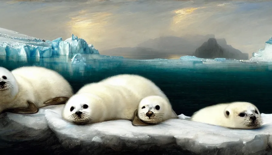 Image similar to highly detailed painting of cute furry white baby seals cuddling into each other on a blue and white iceberg by william turner, by greg rutkowski, by william constable, thick brush strokes and visible paint layers, 4 k resolution