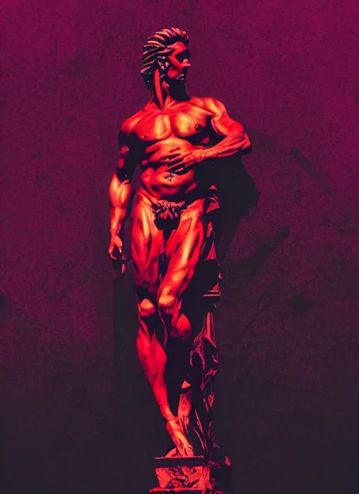 Image similar to black background with subtle red and purple design elements, statue of hercules, nekro, graphic design, collage art, thin lines, dark, glitch art, neo vaporwave, gritty, layout frame, square, trending on artstation