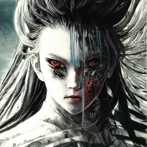 Prompt: Yoshitaka Amano realistic illustration of an anime girl with black eyes, wavy white hair fluttering in the wind and cracks on her face wearing Elden ring armour with engraving, abstract black and white patterns on the background, noisy film grain effect, highly detailed, Renaissance oil painting, weird portrait angle