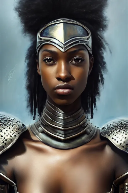 Prompt: a photorealistically painted portrait of an attractive young black girl, partially clothed in metal-plated battle armor, with an abstractly painted background, flawless skin, fair complexion, long dark hair, beautiful bone structure, perfectly symmetric facial features, perfect photorealistic eyes, natural physique, intricate, elegant, digital painting, concept art, finely detailed, beautifully illustrated, sharp focus, minimal artifacts, volumetric lighting, from DOOM and Halo, by Ruan Jia and Mandy Jurgens and Artgerm and William-Adolphe Bouguerea, in the style of Greg Rutkowski, trending on Artstation, award winning art
