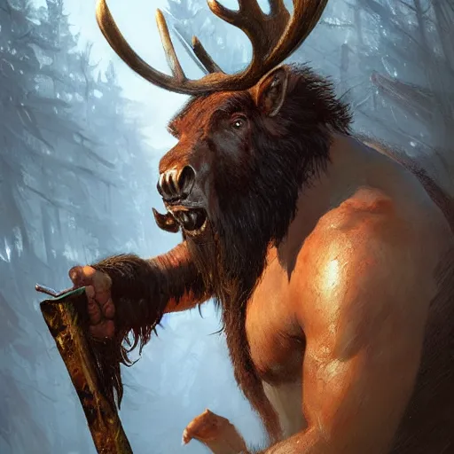 Prompt: hairy barbarian with moose head by greg rutkowski