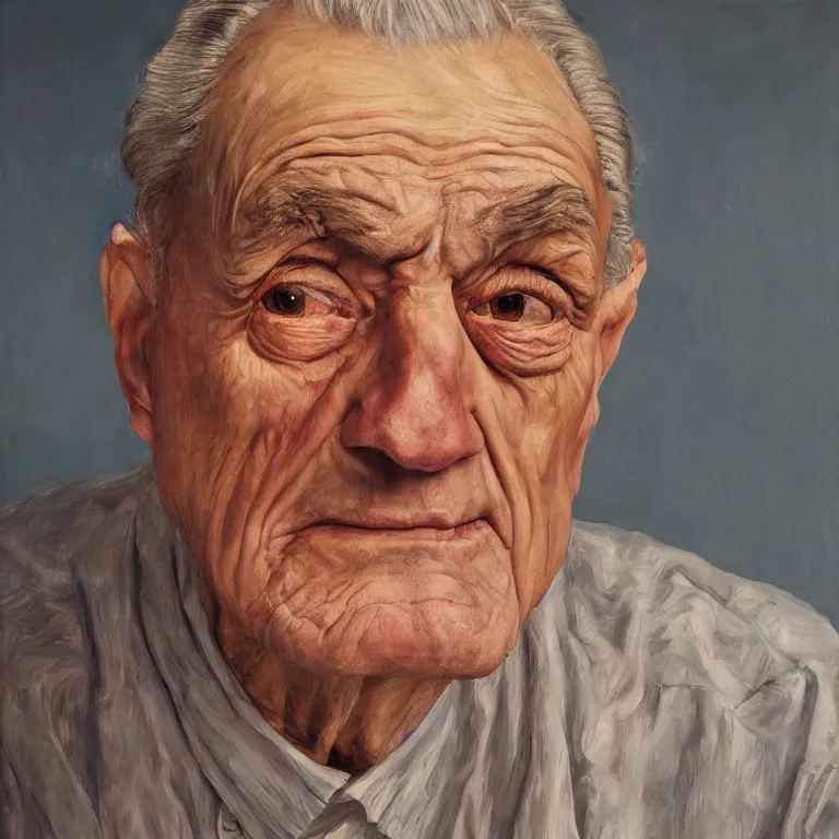 Prompt: hyperrealistic close up studio portrait of aging old Lyndon Johnson age 85 wrinkled frowning, oil painting by Ivan Albright and Lucian Freud and Ron Mueck, trending on artstation Studio lighting hyperrealism