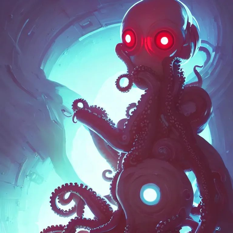 Image similar to portrait of cute octopus tentacle space girl with glowing red eyes, warhammer, cyberpunk by atey ghailan, by greg rutkowski, by greg tocchini, by james gilleard, by joe gb fenton, by in kaethe butcher, dynamic lighting, gradient light blue, brown, blonde cream and white color in scheme, grunge aesthetic, dark background