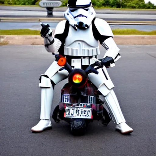 Image similar to stormtrooper riding a motorcycle