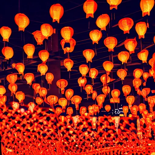 Image similar to night club, red chinese lanterns, people's silhouettes