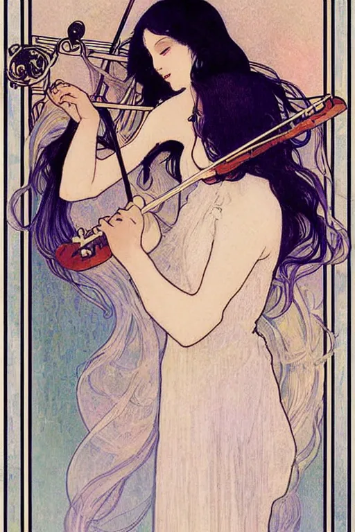 Prompt: beautiful mystical digital painting girl playing a violin wearing a long white dress over a wavy ocean by mucha tarot card vivid