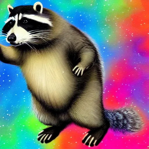 Image similar to fat raccoon skating through the cosmos, colorful, realistic, photorealism