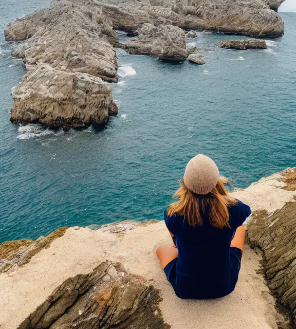 Image similar to a girl sitting on a cliff overlooking a beach