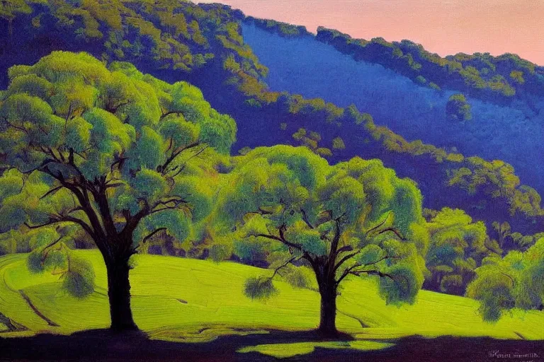 Image similar to masterpiece painting of oak trees on a hillside overlooking a creek, dramatic lighting, by wayne thiebaud