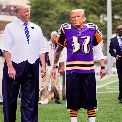 Prompt: “Donald Trump wearing a Baltimore Ravens jersey, ultra realistic, 8k”