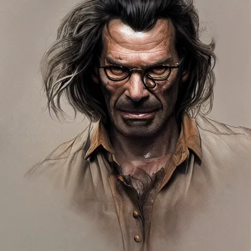 Image similar to portrait of greasy strangler, soft hair, muscular, half body, leather, hairy, d & d, fantasy, intricate, elegant, highly detailed, digital painting, artstation, concept art, smooth, sharp focus, illustration, art by artgerm and greg rutkowski and alphonse mucha