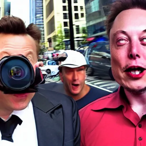 Image similar to bodycam footage of a homeless elon musk going crazy and scamming people, new york streets, wide angle, fisheye, uhd, 4 8 0 p, bodycam, paparazzi, bad quality, pov