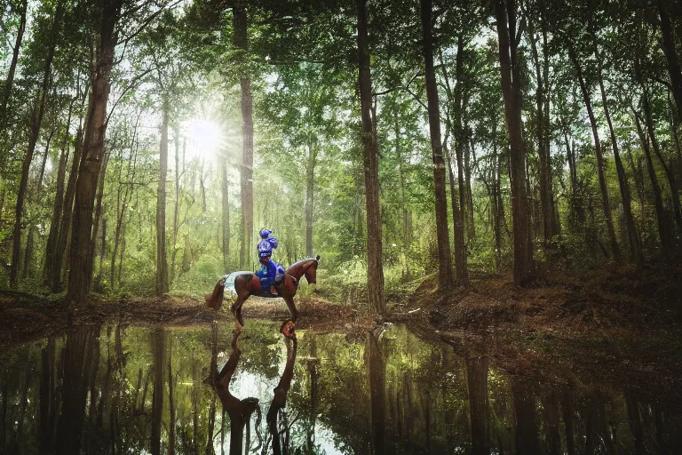 Image similar to A photo of an astronaut riding a horse in the forest. There is a river in front of them with water lilies