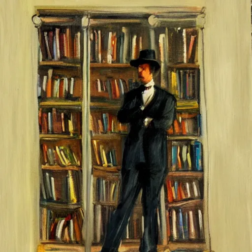 Prompt: a painting of a man in a suit in a city of bookshelves by harriet backer, trending on artstation