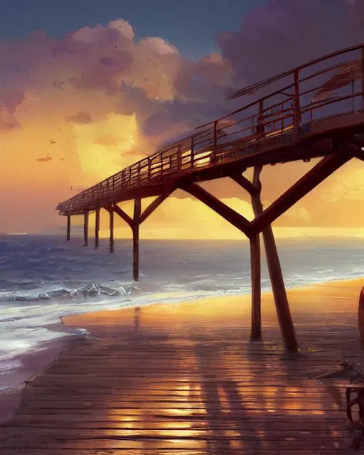 Image similar to view from a beach, marmalade sky with boardwalk along the ocean, trending on artstation, cgsociety, polycount, illustrated by greg rutkowski, intricate, detailed