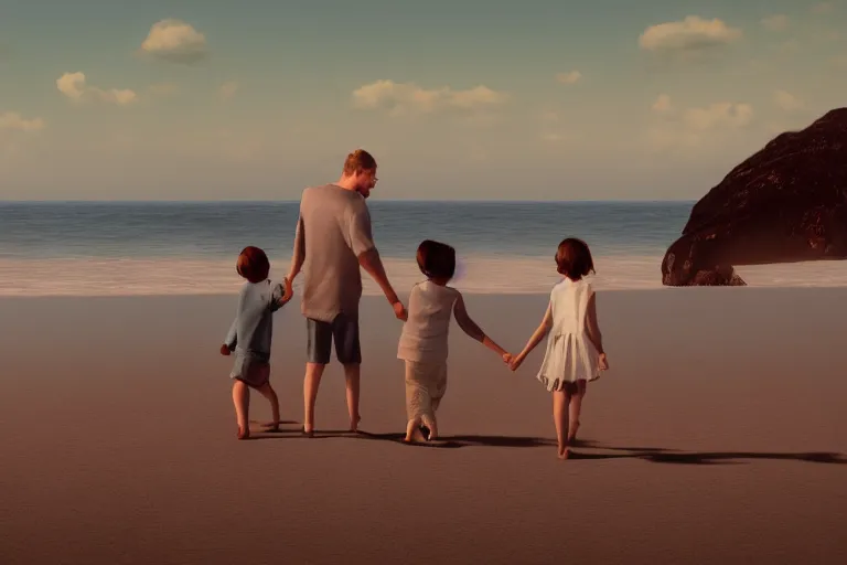 Prompt: a photorealistic photograph of a family on the beach, holding hands, far - view, art, cinematic composition, octane render, high detail, 8 k, artstation trending, jcpenney portraits, wide shot, outdoors, wide - angle lens, soft focus, very coherent