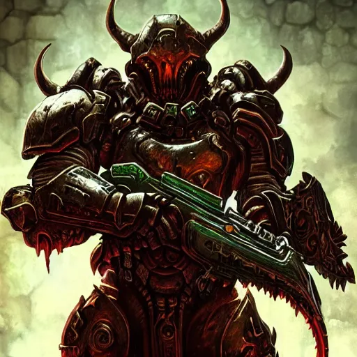 Image similar to fantasy art of doom slayer, intricate, high detailed, insane detailed, cgsociety, doom hell theme