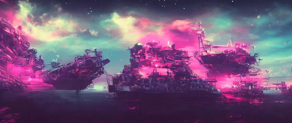 Prompt: space, hyperdetailed illustration, portrait big dark punk, mohawk, stars, pink, neon, oil painting, rich deep colors masterpiece, pirate neon ship, ultra detailed, contrast, heaven pink, clouds, volumetric light, atmospheric lighting, dramatic, cinematic, moody, octane render 4 k, 8 k