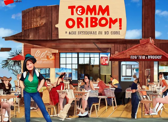 Prompt: Tomboy Outback, the new restaurant where all the waitresses are cute tomboys. Promotional poster