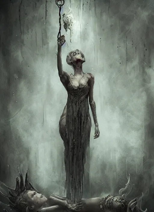 Image similar to a horror tarot card design with intricate details of soul leaving the body in smokes :: bastien lecouffe deharme