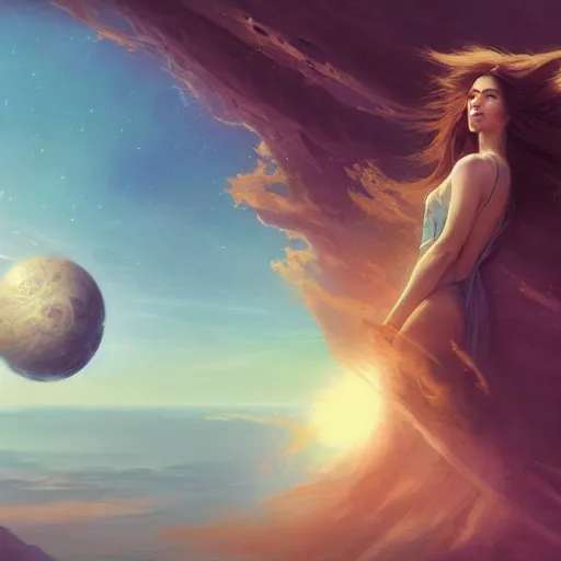 Prompt: A beautiful woman with long, flowy hair standing on a rock, witnessing two planets colliding in space. illustrated by Greg Rutkowski and Gaston Bussiere, trending on artstation, artstation futurism, artstation photography, subsurface scattering, bottom view, 4k, 8k