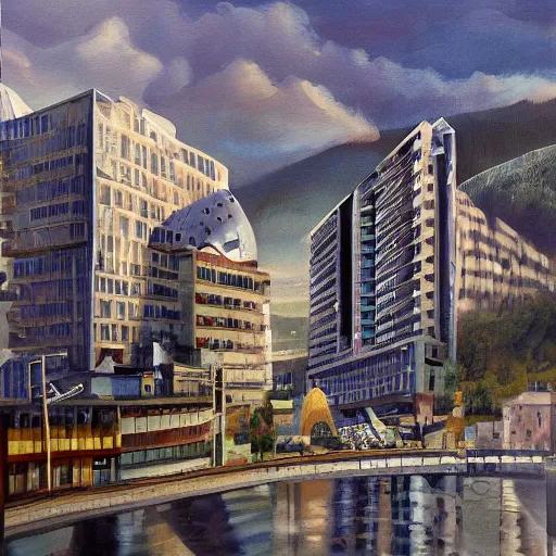 Prompt: painting of sarajevo in year 3 0 0 0, futuristic architecture