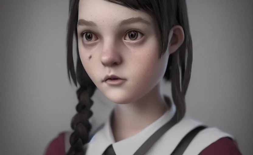 Image similar to school girl portrait, gloomy and foggy atmosphere, octane render, cgsociety, artstation trending, horror scene, highly detailded