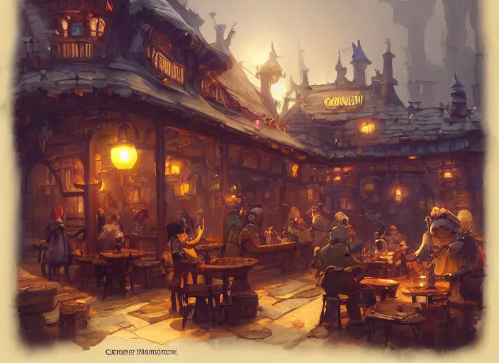 Image similar to A cheerful gnomish steampunk tavern, by Greg Rutkowski and James Gurney, trending on Artstation