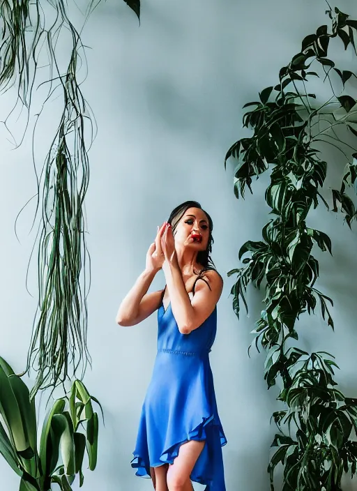 Prompt: woman dancing in a marine blue summer dress, fashion magazine, indoor plants in the background, elegant, photorealistic camera shot, studio lighting, crisp quality and light reflections