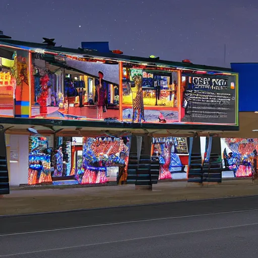 Image similar to futuristic ndebele city, night street scene, highly detailed, digital ndebele billboards