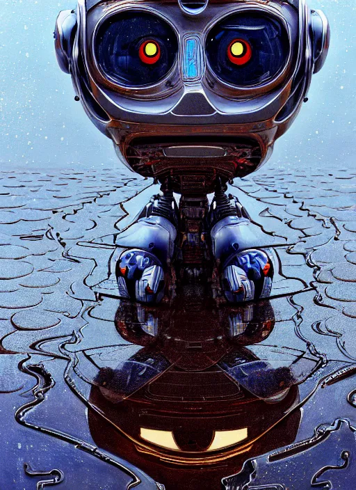 Image similar to a very detailed robot, bent over the reflection in a puddle, highly detailed, manga, perfectly face, highly detailed, masterpiece, artstation, golden ratio, soft light, perfect intricate highly detailed, detailed, painting by jemes jean, digital lines, 8 k