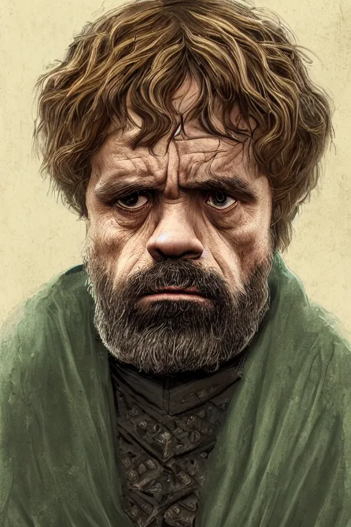 Prompt: portrait, headshot, digital painting, of a 15th century, Tyrion Lannister, old aged, middle eastern, wrinkles, wicked, desert merchant man, dark hair, amber jewels, baroque, ornate dark green clothing, scifi, futuristic, realistic, hyperdetailed, concept art, chiaroscuro, side lighting, art by waterhouse