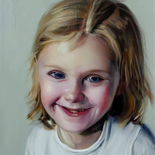 Prompt: portrait painting of woman from scandinavia, young child, blonde hair, daz, occlusion, smiling and looking directly, brushstrokes, white background, art by enki bilal