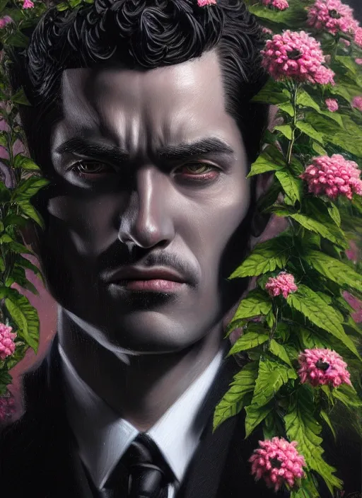 Prompt: an man in a black suit with a flowery shrub instead of a head, intricate, highly detailed, concept art, hyperrealistic, oil painting by greg staples, 8 k