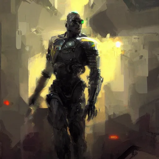 Prompt: heroic man (cyborg), sci fi portrait by craig mullins