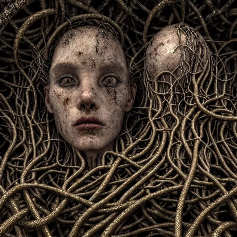 Image similar to ribbed abandoned closeup faceless portrait on exoplanet, covered with tentacles, roots, wires, tubes, baroque painting, standing in a desolate empty wasteland, creepy, nightmare, dream-like heavy atmosphere, surreal abandoned buildings, beautiful detailed intricate insanely detailed octane render trending on Artstation, 8K artistic photography, photorealistic, volumetric cinematic light, chiaroscuro, Raphael, Caravaggio, Beksinski, Giger