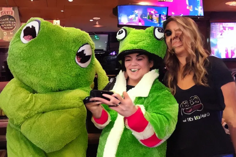 Image similar to taking a selfie with a frog fluffy mascot costume at an applebee's, cell phone photo